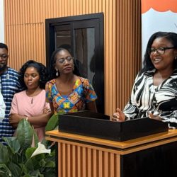 Striving For All Founder Genevieve Ngambia speaking with students and staff at the Thrive Center in Douala, Cameroon