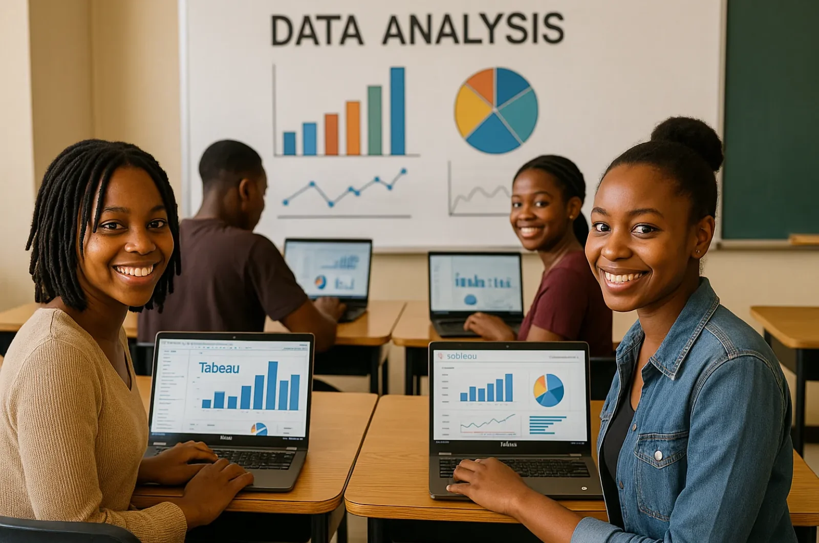 women smiling while showing charts on a laptop